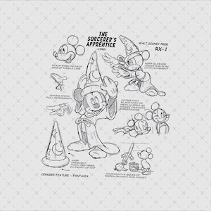 May include: A black and white sketch of Mickey Mouse as the Sorcerer's Apprentice from Fantasia. The image features detailed drawings of Mickey in different poses, with notes on his facial expressions and costume design. Text includes "The Sorcerer's Apprentice - 1940."