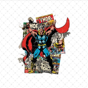 Puede incluir: Ilustración de cómic de Thor, el superhéroe, en una pose dinámica, empuñando su martillo. La imagen muestra un collage de portadas de cómics con la palabra "Thor" en un lugar destacado. El personaje lleva un traje azul y negro con una capa roja.