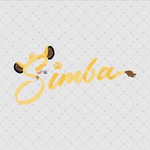 May include: A yellow and brown cartoon lion cub with a paw print next to it. The word "Simba" is written in a yellow, cursive font.