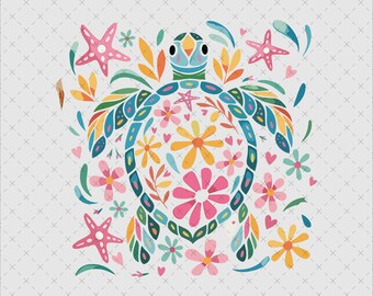 Sea Turtle PNG SVG, Nautical Png, Fisherman Aesthetic, Beach Png, Floral Sea Turtle Summer Png, Pink Summer Girl, Boho Floral Turtle Svg