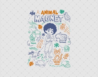 Puede incluir: Una ilustración caprichosa con el texto "ANIMAL MAGNET" y un niño de dibujos animados rodeado de animales. El diseño incluye un tucán, un carpincho, un jaguar y otras criaturas, todas delineadas en azul, naranja y verde sobre un fondo blanco.
