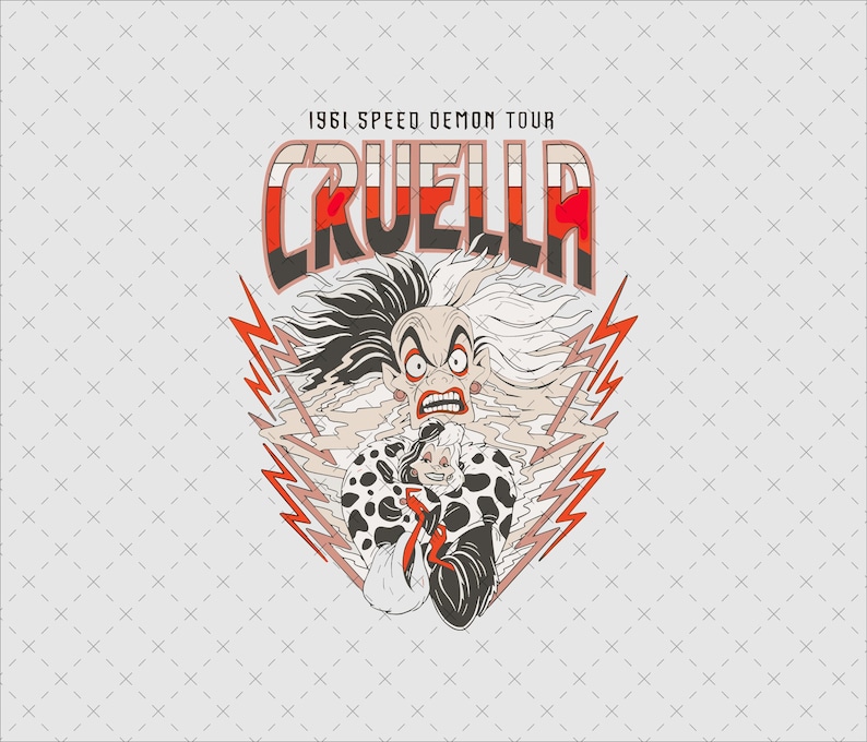 May include: Graphic design featuring Cruella De Vil from 101 Dalmatians. The design includes the text "1961 Speed Demon Tour" above the name "Cruella" in a bold, retro font. Cruella is depicted with her signature black and white hair, surrounded by lightning bolts.