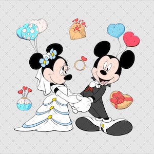 May include: A black and white illustration of Mickey Mouse and Minnie Mouse dressed in wedding attire. Mickey is wearing a tuxedo and Minnie is wearing a white wedding dress with a blue sash. They are holding hands and smiling. There are hearts and other wedding-themed decorations in the background.