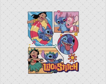May include: A graphic featuring Lilo and Stitch characters in various poses. Lilo is seen with Stitch on a float, and in a hula outfit. Stitch is also shown with Angel, and with his tongue out. The words "Lilo & Stitch" are in a yellow and purple font.