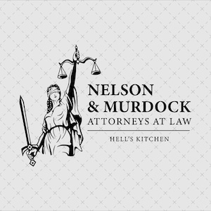 May include: Black and white logo for Nelson & Murdock, Attorneys at Law, featuring Lady Justice holding scales and a sword. The text includes the firm's name and "Hell's Kitchen". The background is a light gray pattern.