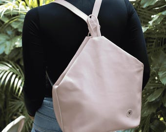 Pink Leather Backpack for Women. Handmade Convertible Shoulder Bag, Rose Pink