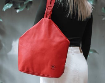 Red Leather Backpack Tote - Women\'s Everyday Bag Convertible Leather Backpack Women, Red Laptop Bag, Large  main image 2