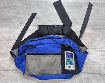 Vintage MEI Bauchtasche Bauchtasche Blau Grau Nylon Wandern Reisen Retro USA Made