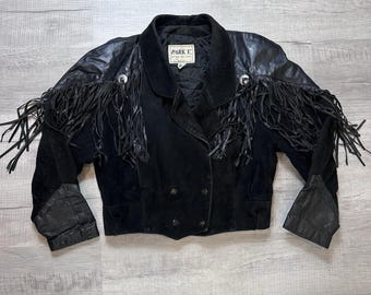 Vintage Park V Große schwarze Leder Moto Biker Jacke mit Fransen Made in USA