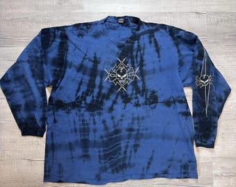 Camisa vintage de manga larga con estampado de calaveras y huesos Y2K Extreme Limit, talla XL, efecto tie dye azul