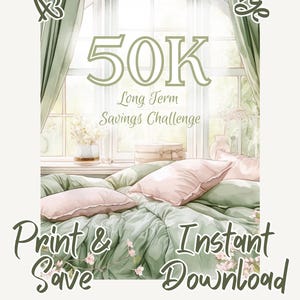 May include: A digital print with a watercolour illustration of a bed with green bedding and pink pillows. The text reads "£5 Savings Challenge" and "50K Long Term Savings Challenge." Additional text says "Print & Save Instant Download."