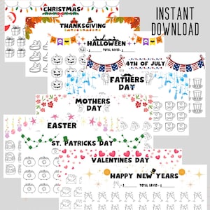 May include: A printable bundle of 10 holiday savings challenge trackers. Each tracker features a different holiday theme, including Christmas, Thanksgiving, Halloween, 4th of July, Father's Day, Mother's Day, Easter, St. Patrick's Day, Valentine's Day, and New Year's. Each tracker has a space to track savings goals.