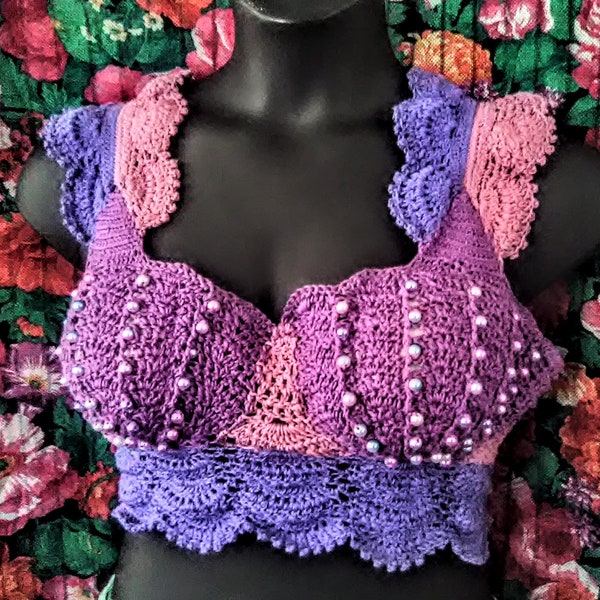 Purple Patchwork Mermaid Crochet Top with Pearls, Beaded Ariel Bralette, Crochet Seashell Top, Padded Cotton Bamboo Corset Laceup Bra, Women