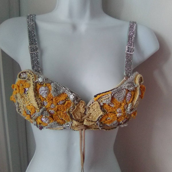 Beaded Butterfly Bralette with Rhinestones,  Small A Cup, Padded Lace Up Wing Bra, Freeform Crochet, Glitter Straps, Yellow & Gray Silver