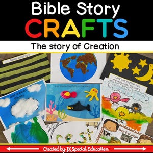 Puede incluir: Una colección de manualidades coloridas para que los niños aprendan sobre la historia de la creación de la Biblia. Las manualidades incluyen un mapa del mundo hecho con material marrón, un cielo con bolas de algodón, un pez y un pulpo hechos con plastilina, y un sol, una luna y estrellas hechos con papel amarillo y blanco.