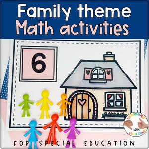 Puede incluir: Una actividad matemática imprimible para educación especial con una casa con el número 6 y seis personas de colores. La actividad está ambientada en la familia.