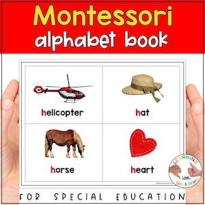 May include: Montessori alphabet book with four flashcards featuring pictures of a helicopter, hat, horse, and heart. Each card has the corresponding letter and word printed in red.