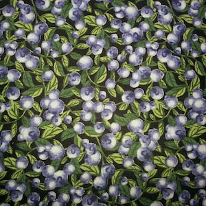 Blueberry print fabric on a black background.