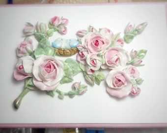 Wall Decor, Wall Art, Handpainted, Rose Plaque, Sculpture, Shabby Chic, Love Birds, Bluebird, Farmhouse Decor, Pink Roses, 3D Relief