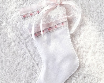 Christmas Stocking, handmade from white felt with lace, beading, pink ribbon