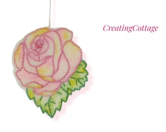 Embroidered and Painted Ornament on  Antique White Felt. Romantic Shabby Chic. Cute. Handmade. Precious