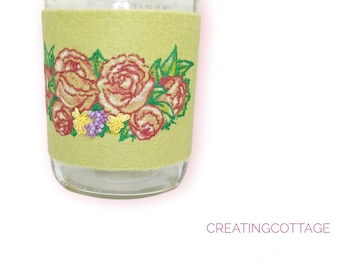 Embroidered and Painted Jar Cozy - Pickle Jar Pullover - Mason Jar Cover - Ball Jar Sleeve -  Shabby Chic Handmade OOAK Totally Unique