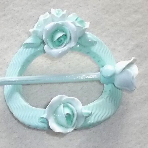 Teal Rose Sweater Shawl Stick Pin Hair Clip Handmade Original by CreatingCottage