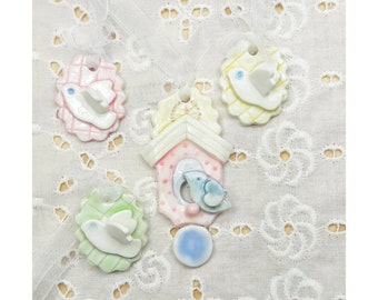 Birdhouse Ornaments, pink blue, green and yellow accents, year-round or Christmas Holiday decoration - set of 4