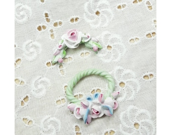 Dollhouse miniature, 1:12 scale, wreath and swag, pink roses, green accents, miniature rose jewelry set of 2