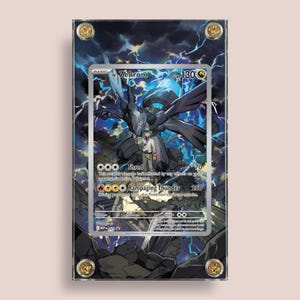 May include: A framed Pokémon trading card featuring the character Zekrom. The card has a black and blue background with lightning effects. The card is encased in a clear acrylic frame with gold-colored corner screws.