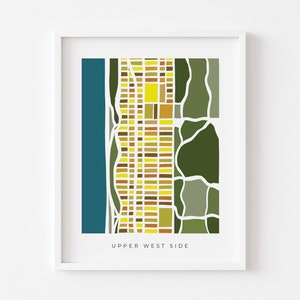 May include: A colorful abstract map of the Upper West Side neighborhood in New York City. The map features a grid pattern in yellow, orange, and brown, representing the city blocks. The surrounding area is depicted in shades of green and blue.