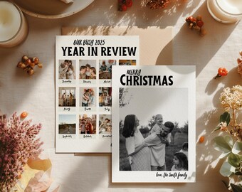 Family Photo Christmas Card Template, 5x7 Printable, Boho Minimalist Holiday Card, Year In Review