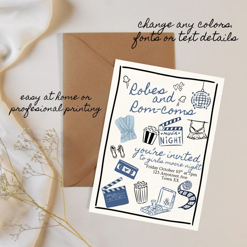 Rom Invite Examples Movie Night Slumber Party Invitation Template, Editable 5x7 Printable ...