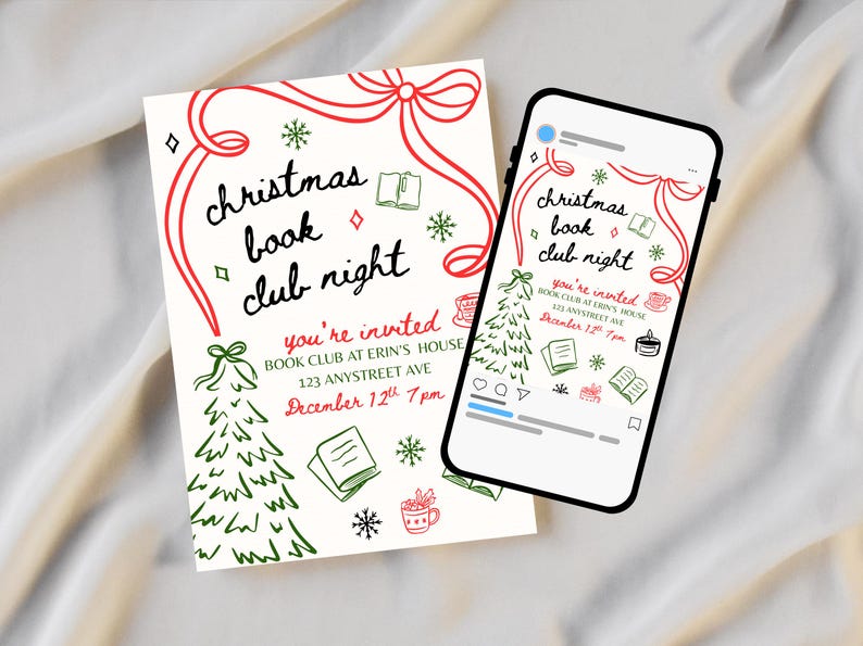 May include: A Christmas Book Club Night invitation and a smartphone displaying the same design. The invitation features red and green illustrations with the text "christmas book club night". The smartphone shows the invitation on a social media template.