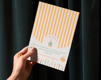 Birthday Party Invitation: Cupcakes and Candles, Stripes (Editable Canva Template, Digital Download, 5x7)