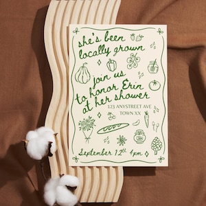 Lokal gewachsene Babypartyeinladung, bearbeitbare einladen Canva-Vorlage, frische Produkte, Bauernmarktthema, handgezeichnete Einladung, kleiner Sprössling