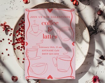 Inbjudningsmall till Galentines Café, redigerbar utskrivbar inbjudan på 5x7, kaffe och latte, älskar dig en latte