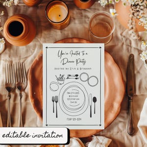 Dinner Party Invitation Template, Editable 5x7 Printable Invite, Minimalist Table Setting, Line Drawing Art