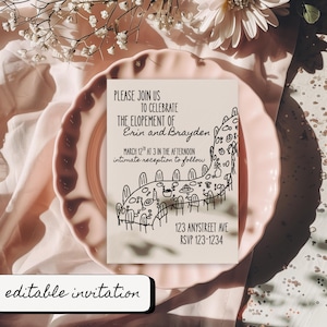 Puede incluir: Una tarjeta de invitación rosa rubor con el texto "PLEASE JOIN US TO CELEBRATE THE ELOPEMENT OF Erin and Brayden." La tarjeta también incluye una ilustración dibujada a mano de una mesa de comedor. Las palabras "editable invitation" están en la parte inferior.