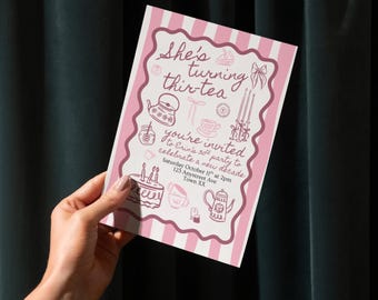 Invitación de cumpleaños para el tercer cumpleaños: Fiesta del té (Plantilla editable de Canva, descarga digital, imprimible de 5x7)