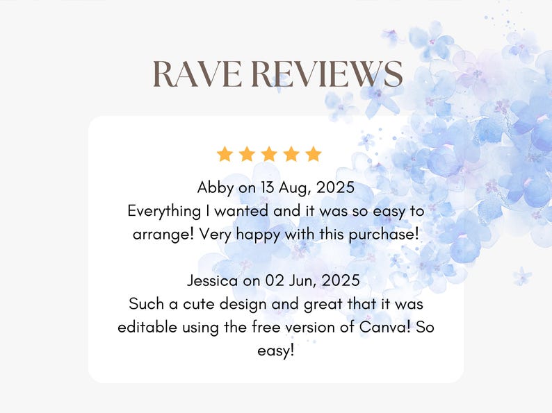May include: A graphic with the text "RAVE REVIEWS" and customer testimonials. The design includes a white background with blue floral accents and five gold stars. The reviews are dated August 13, 2025 and June 2, 2025.