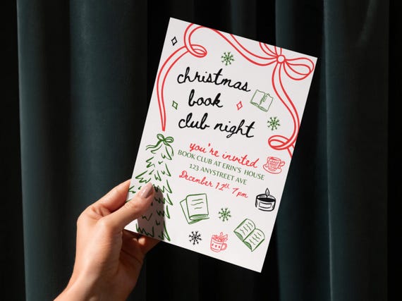 Christmas Book Club Invitation: Whimsical Book Exchange, Play Haus (Editable Canva Template, 5x7 Printable)