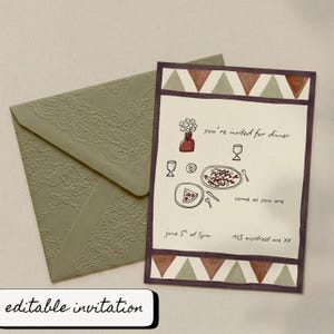 May include: A dinner invitation card with a hand-drawn illustration of food and wine glasses. The card has a purple border with brown triangles and the text "you're invited for dinner". An olive green envelope with a floral pattern is next to the card.