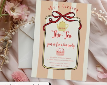 Mall för födelsedagsinbjudan "Thir-Tea", redigerbar utskrivbar 5x7 inbjudan, eftermiddagstebjudning, trädgårdsfest