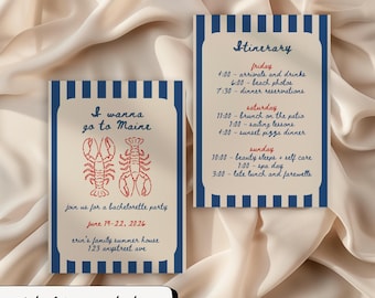 Maine Bachelorette Party Invitation + Itinerary Template, Editable 5x7 Printable Invite, Lobster Bach Club
