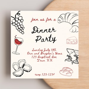 European Red Dinner Party Invitation Template, 100% Editable Digital Download Square Invite, Whimsical Doodles, Italy Mediterranean Vibe