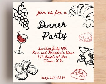 Uitnodiging voor mediterrane diner: Italian Night, Girls Night, handgetekend (canvasjabloon, vierkante Evite)