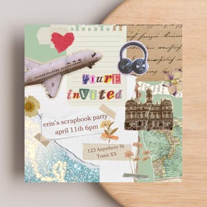 Plantilla de invitación para fiesta de álbum de recortes, invitación cuadrada digital 100 % editable, establecimiento de objetivos, inspiración para viajes, creación de tableros de estado de ánimo de visión para fiestas