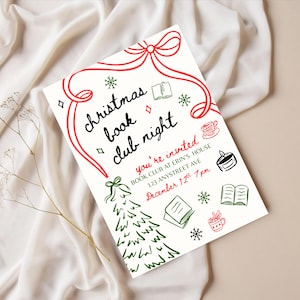 May include: A white invitation card with red and green illustrations and text for a Christmas Book Club Night. The card features a red bow, Christmas tree, snowflakes, and book-related doodles. The text includes the event details.