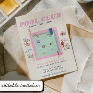 Retro Pool Party Invitation Template, Editable 5x7 Printable Invite, Vintage Pool Club, Summer Birthday